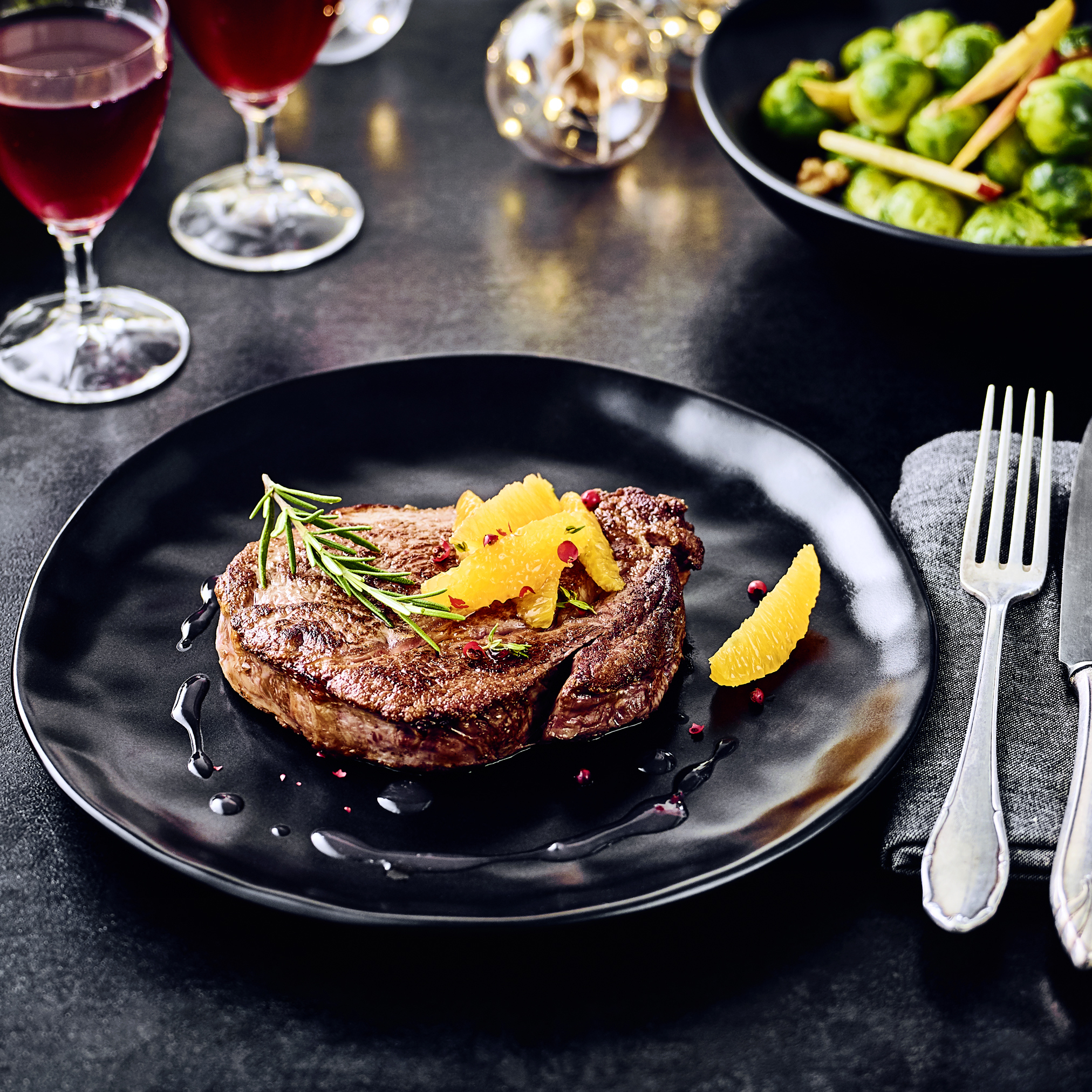 Entrecote mit Spekulatiusknödeln und Rosenkohl