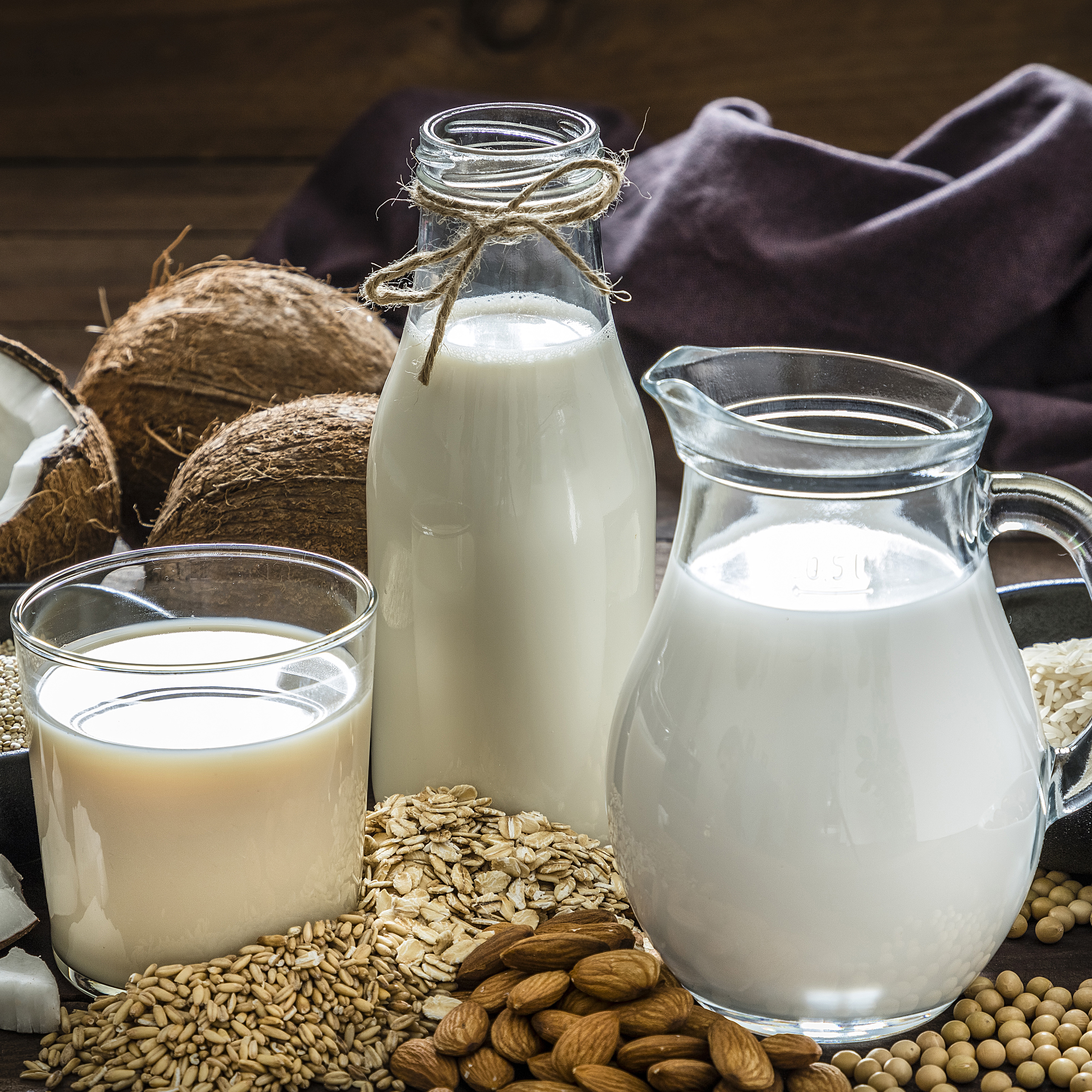 Milchalternativen in Gläsern neben Haferflocken, Mandeln und Kokosnüssen